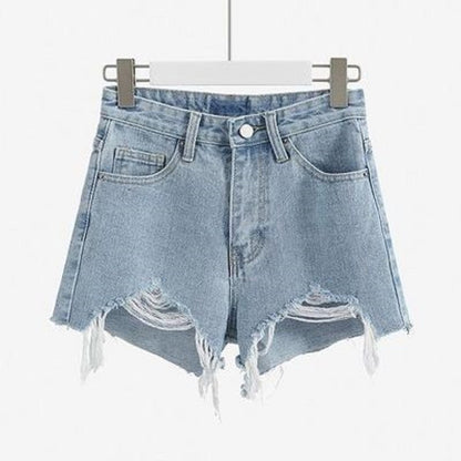 High-Waisted Denim Shorts With Cotton Holes