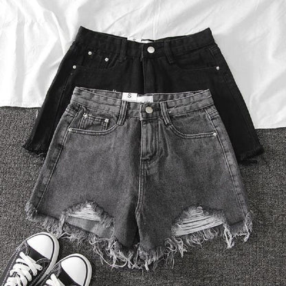 High-Waisted Denim Shorts With Cotton Holes