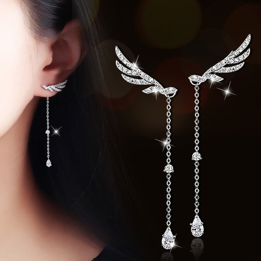 Silver Earrings Angel Wings Long Tassel Drop Earrings