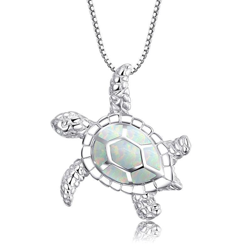 Fashion silver filled blue opal sea turtle necklace