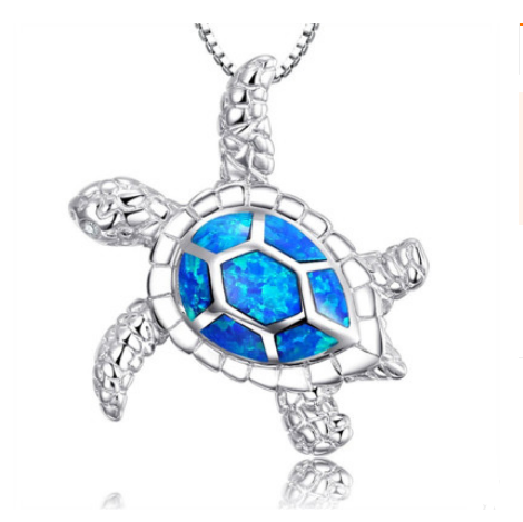 Fashion silver filled blue opal sea turtle necklace