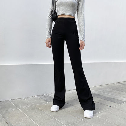 Basic Solid Color High Waist Slim Micro Flared Casual Pants