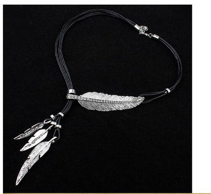 3 Colors Black Rope Multilayer Feather Leaf Tassels Necklace