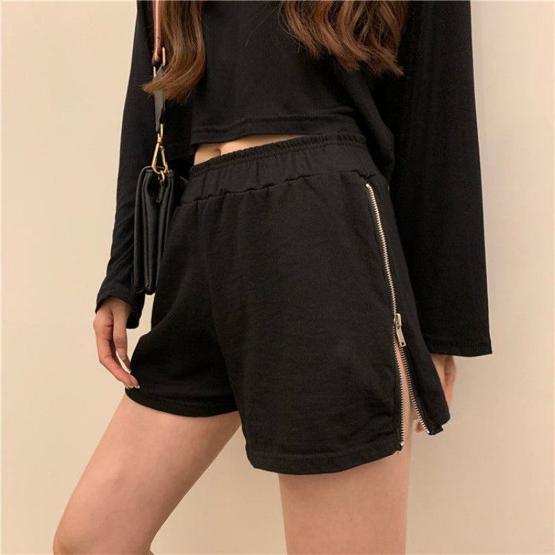 Loose high waist versatile zipper shorts