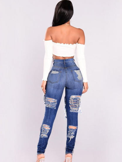 Summer grind hole jeans trousers feet high waist pants