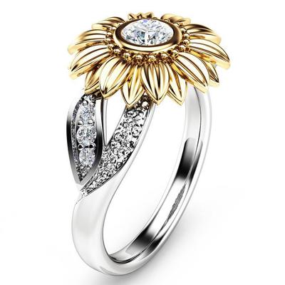 New gold-plated couple ring sunflower flower color separation zircon ring