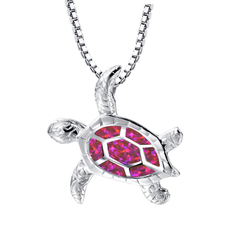 Fashion silver filled blue opal sea turtle necklace