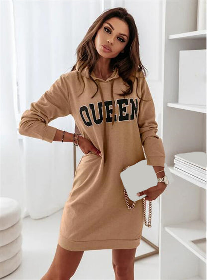 Long Sleeve Hooded Letter Sports Casual Dress