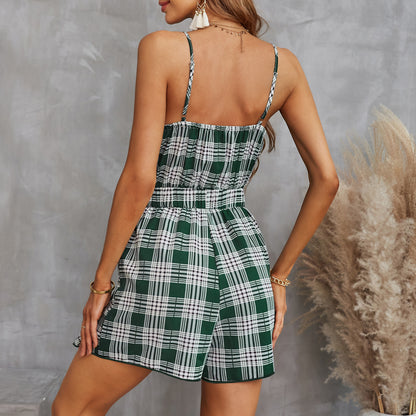 Plaid Slim Suspender Stitching Jumpsuit