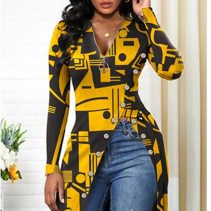 V-neck Long Sleeve High Slit Printed T-shirt