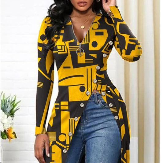 V-neck Long Sleeve High Slit Printed T-shirt