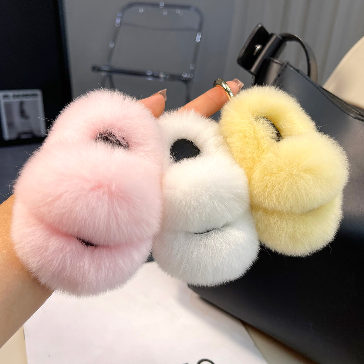 Real Rex Rabbit Fur Slippers Car Keychain