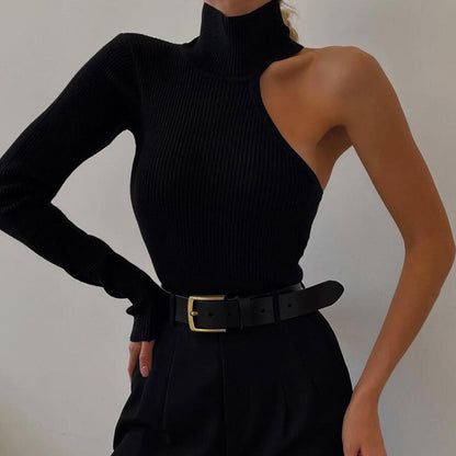 Fashion One Shoulder Long Sleeve Round Neck Slim Solid Color Bodysuit