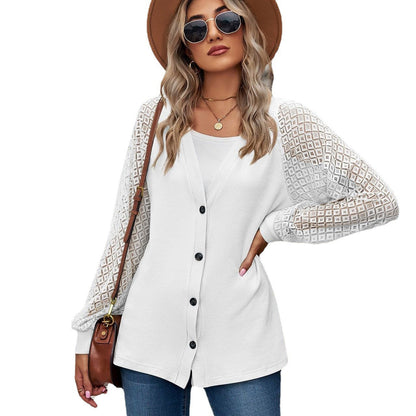 Autumn And Winter Long Sleeve Solid Color Loose Button Lace Stitching Cardigan Top Women