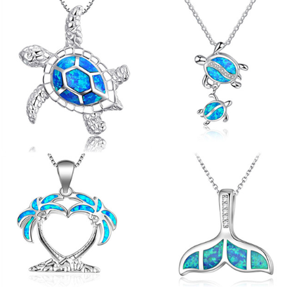 Fashion silver filled blue opal sea turtle necklace