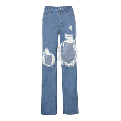 Denim Straight High Waist Pocket Loose Casual Pants