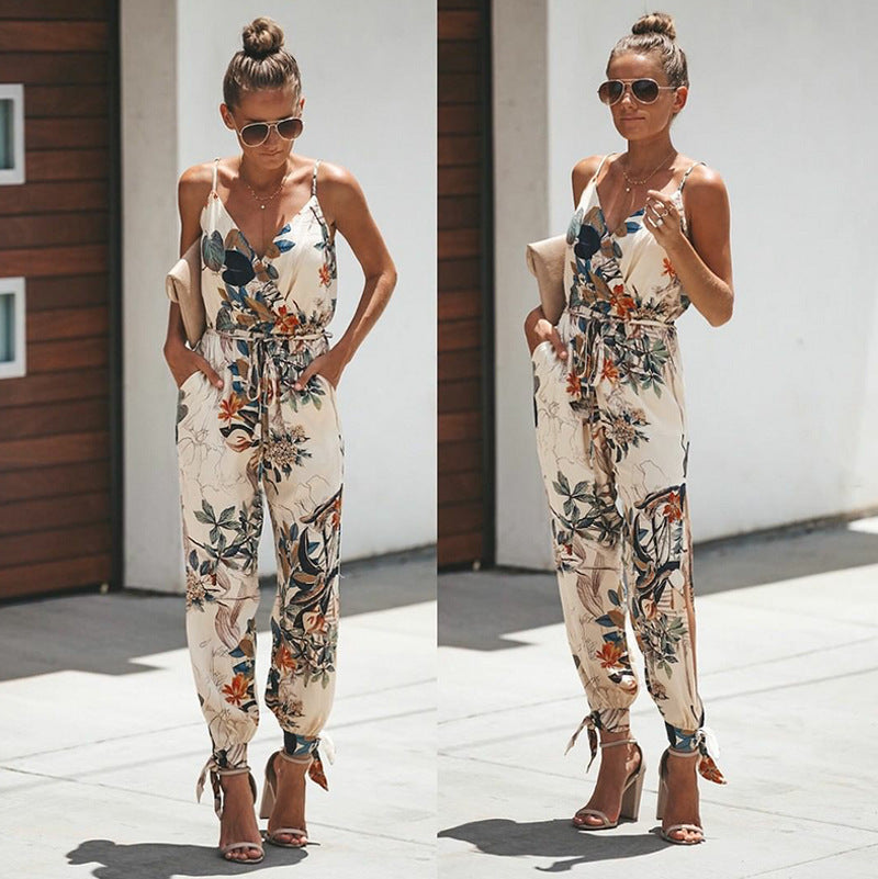 sexy backless tether pocket sling V-neck jumpsuit