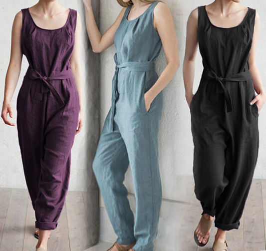 Sleeveless vest elegant high waist belt cotton casual jumpsuit