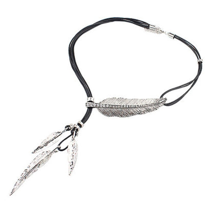 3 Colors Black Rope Multilayer Feather Leaf Tassels Necklace