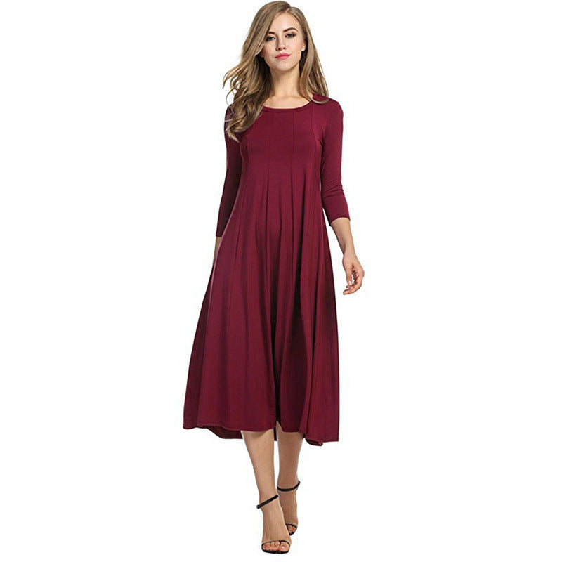 Crew Neck Sleeve Solid Color Dress