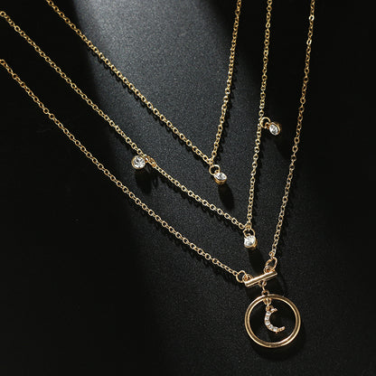 Antique Gold Circle Moon Rhinestone Pendant Necklaces