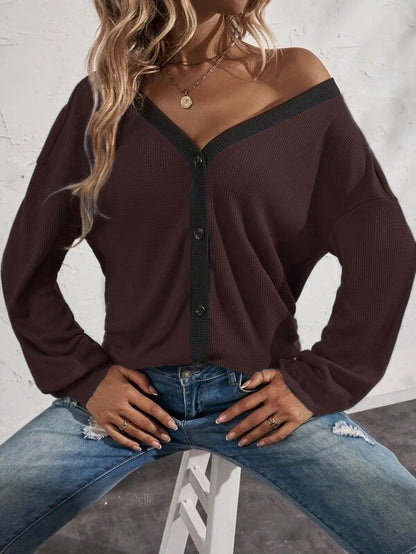 Top Waffle Long Sleeve Cardigan T-shirt