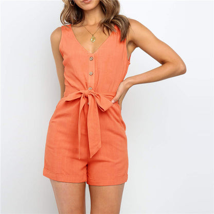 Buttoned V-neck off-shoulder jumpsuit