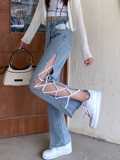 Side Slit High Waist Strappy Jeans