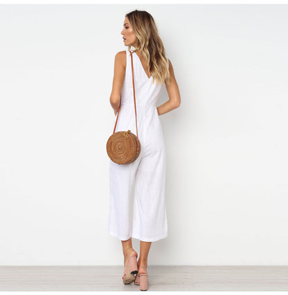 V-neck button backless jumpsuit