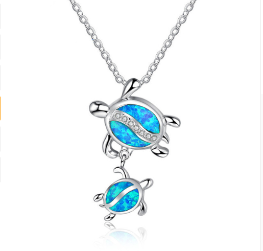 Fashion silver filled blue opal sea turtle necklace