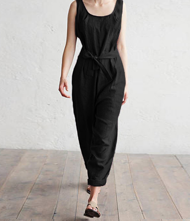 Sleeveless vest elegant high waist belt cotton casual jumpsuit