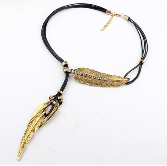 3 Colors Black Rope Multilayer Feather Leaf Tassels Necklace