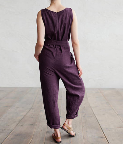 Sleeveless vest elegant high waist belt cotton casual jumpsuit