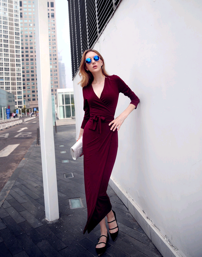 V-neck Tie Waist Slim Dress