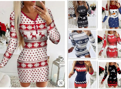 Christmas Long Sleeve Slim Dress