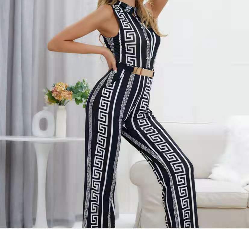 Loose Casual Jumpsuit Printed Trousers Belt