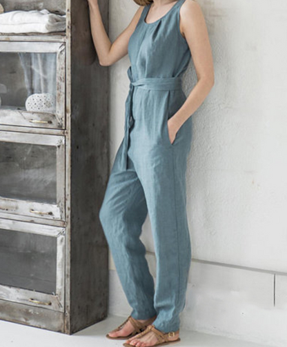 Sleeveless vest elegant high waist belt cotton casual jumpsuit