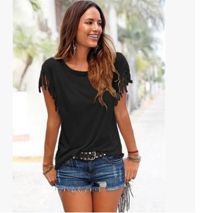 round neck short sleeve cuffs tassel T-shirt cotton tops