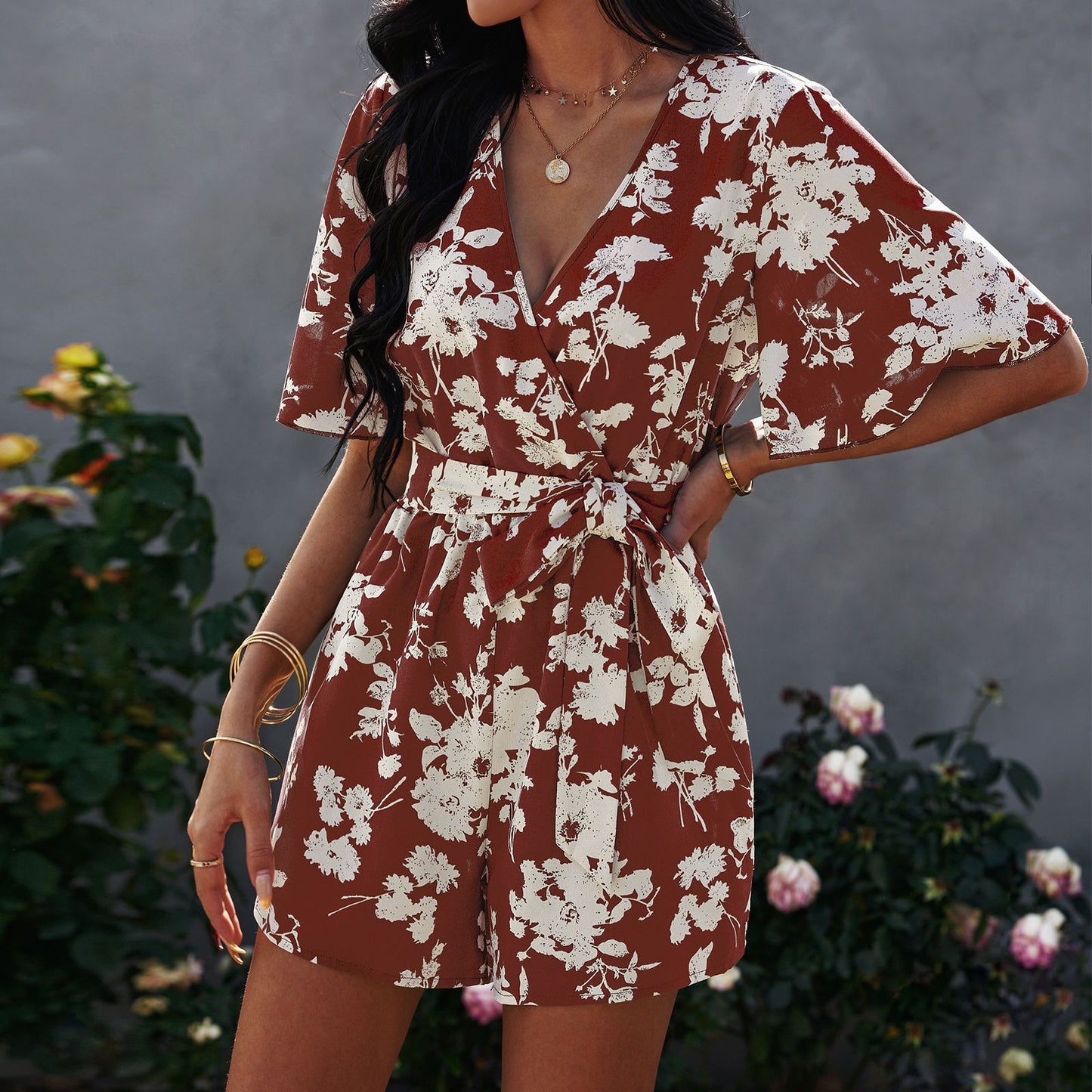 V-Neck Short Sleeve Chiffon Jumpsuit Shorts