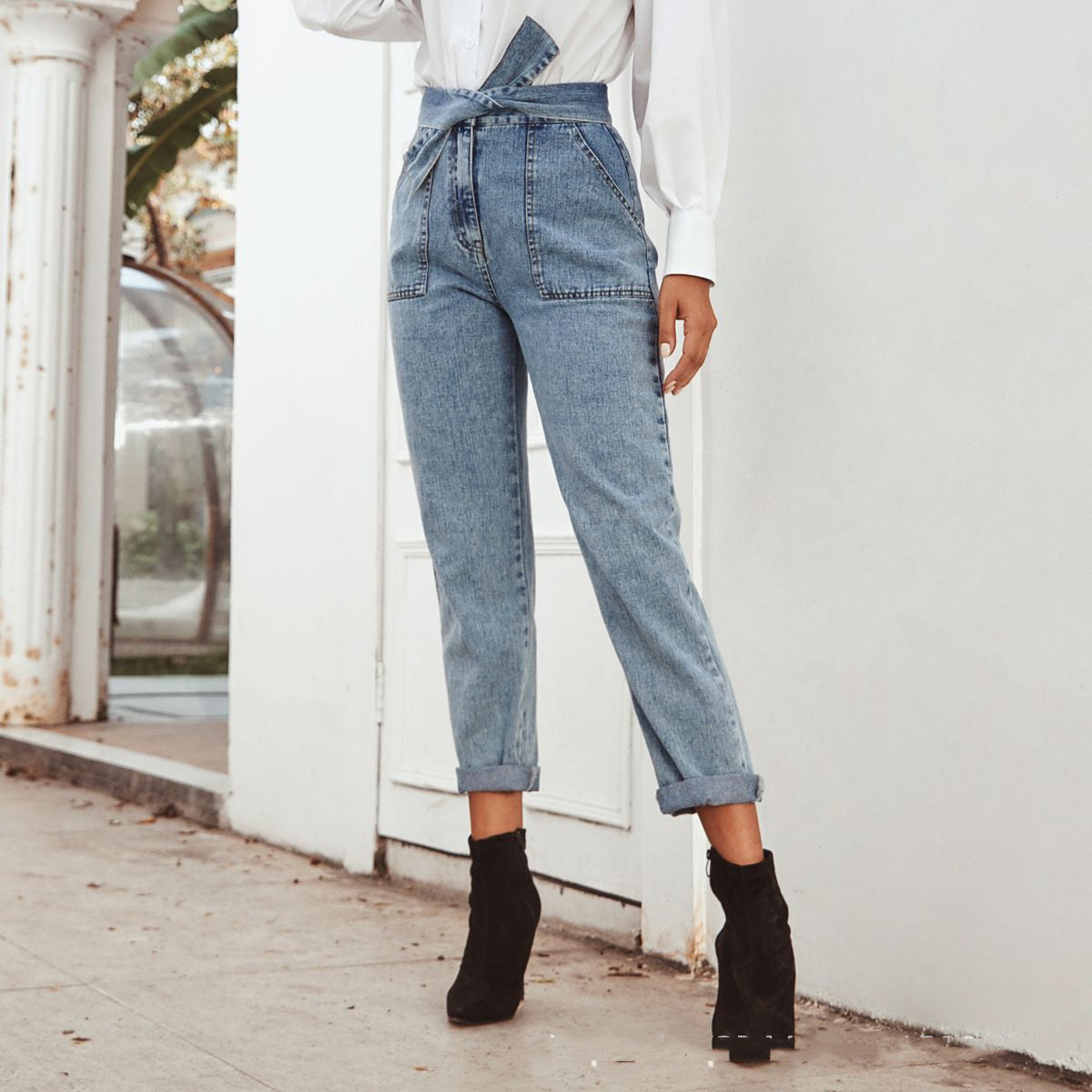 High Waist Stretch Slim Cropped Denim Pants