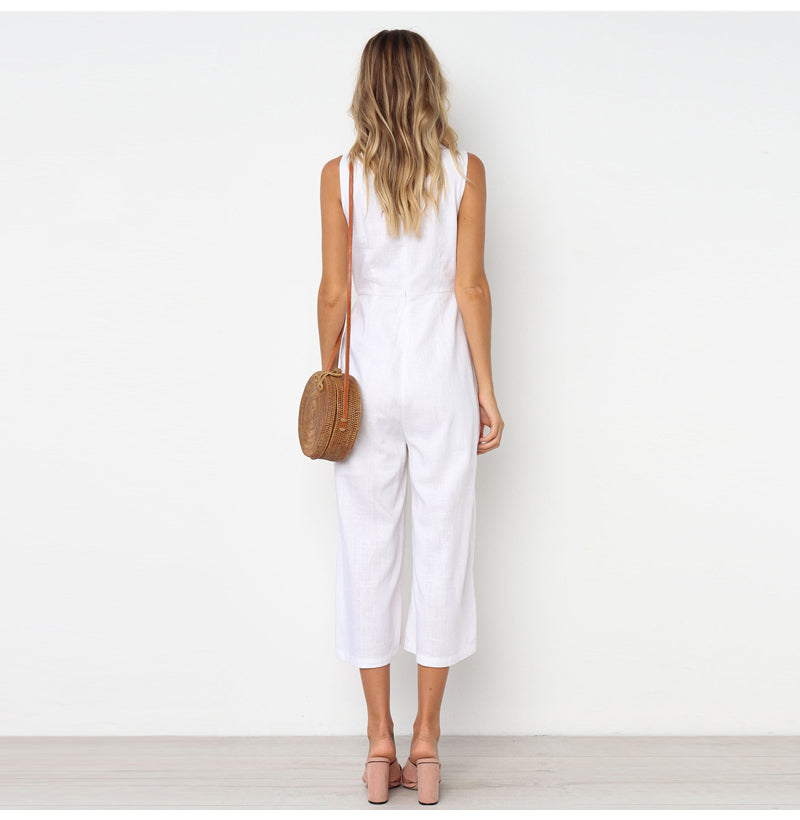 V-neck button backless jumpsuit