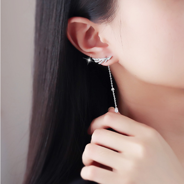 Silver Earrings Angel Wings Long Tassel Drop Earrings