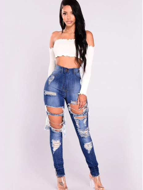 Summer grind hole jeans trousers feet high waist pants