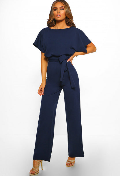 Short sleeve women's jumpsuit with lace button