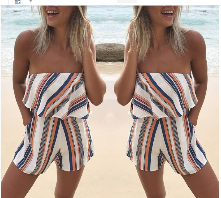 Ruffled Striped Printed Loose Jumpsuit