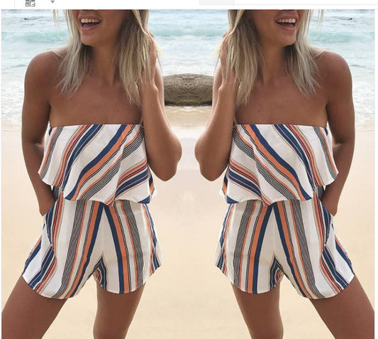 Ruffled Striped Printed Loose Jumpsuit