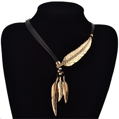 3 Colors Black Rope Multilayer Feather Leaf Tassels Necklace