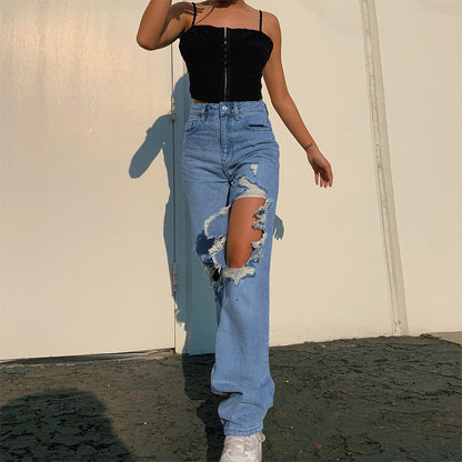 Denim Straight High Waist Pocket Loose Casual Pants