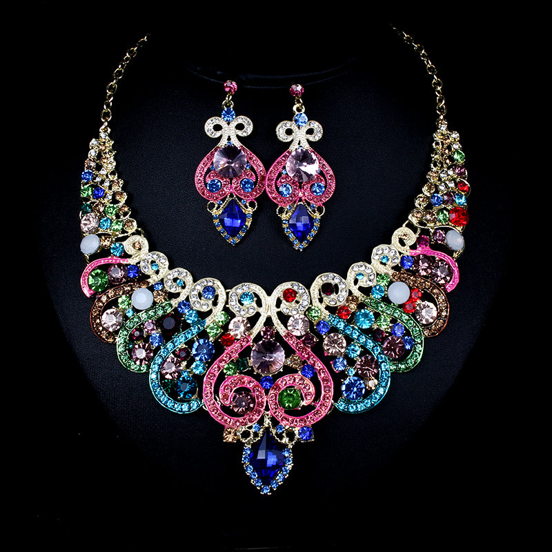 colorful bride necklace, earring set, alloy color plating