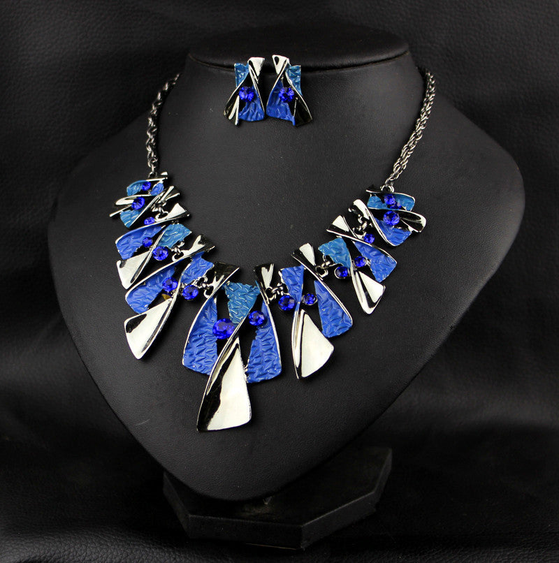 Metal Geometric Rhinestone Earring Necklace